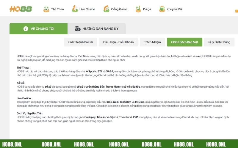 Chính sách bảo mật Ho88 yêu cầu cược thủ trên 18 tuổi